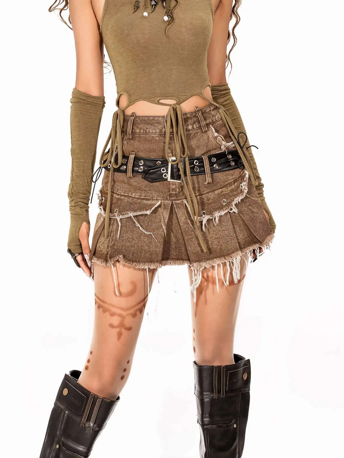 

Arielink Heavy-Duty Vintage Style Frayed Short Skirt For Women Summer Y2K Hot Girl Denim Skirt Pants