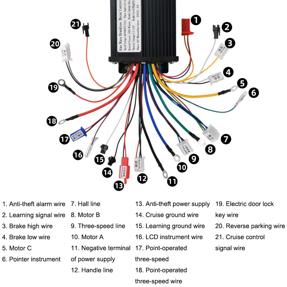 DC36V 48V 60V 72V 500W Brushless Motor Controller 30A Black Aluminum Alloy Sine Wave Electric Motor Module