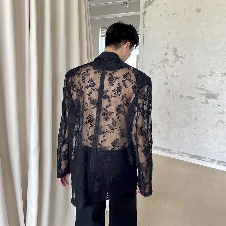 Hollow Out Suit Jacket New Versatile Shirt Jacquard Mesh Patchwork Sophisticated Elegant Club Nightclub Sexy