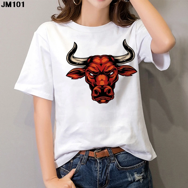 Harajuku Short Sleeve T-shirt for Women, Female Tops, Outfit with Bull Avatar Printing, White Fashion Streetwear, Casual Tops