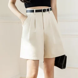 Seoulish Casual Shorts for Women 2024 Summer New Pockets Solid Color High Waist Wide Leg Straight  Workwear Suit Pants with Belt