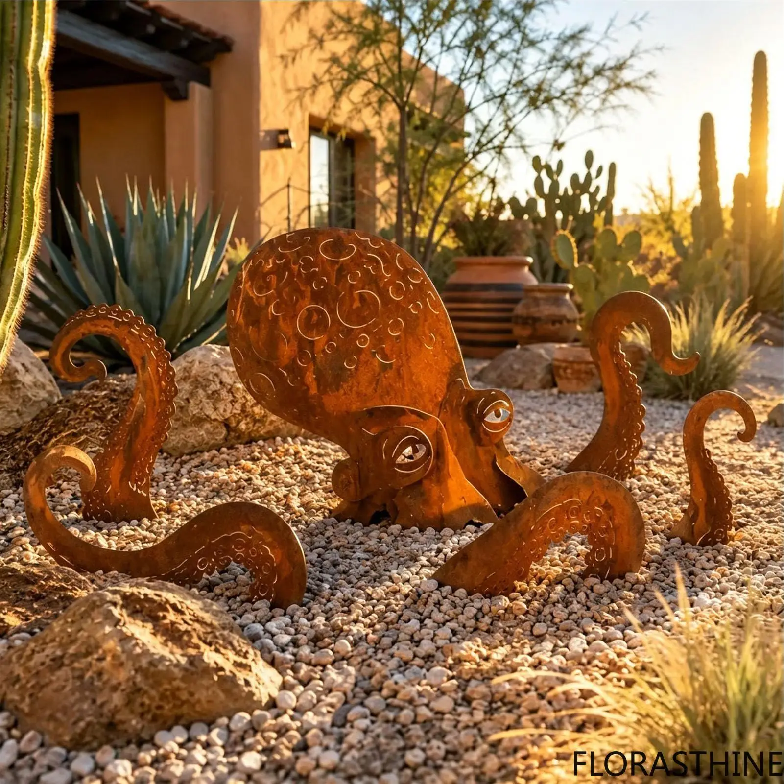 Octopus Statue Vintage Iron Squid Sculpture Figurine Coastal Art Giant Rust Octopus for Outdoor Lawn Pathway Park Backyard Patio
