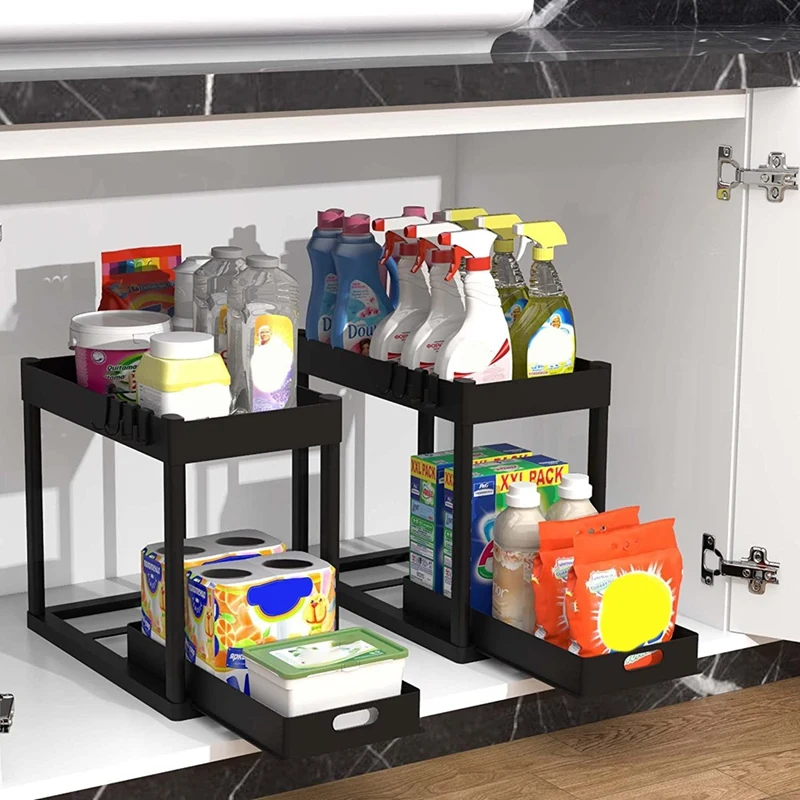 Organizer Rack, Sliding Cabinet Basket Drawer, Multi-Purpose Storage for Kitchen, Bathroom - Black-SPMI