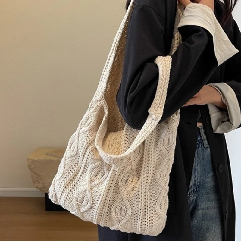 Knitted Handbags Female Large Capacity Totes Women\'s Shoulder Bag Autumn Winter Bag Purses Casual Woven Shopping 2024