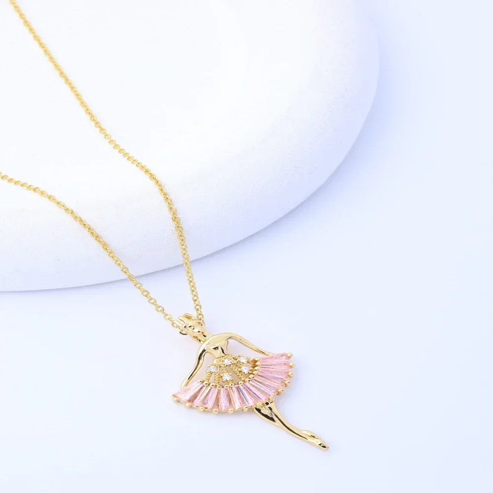 Elegant Ballet Girl Angel Pendant Necklace, 18K Gold Plated with Pink Zircon, Stylish Jewelry Decoration for Women