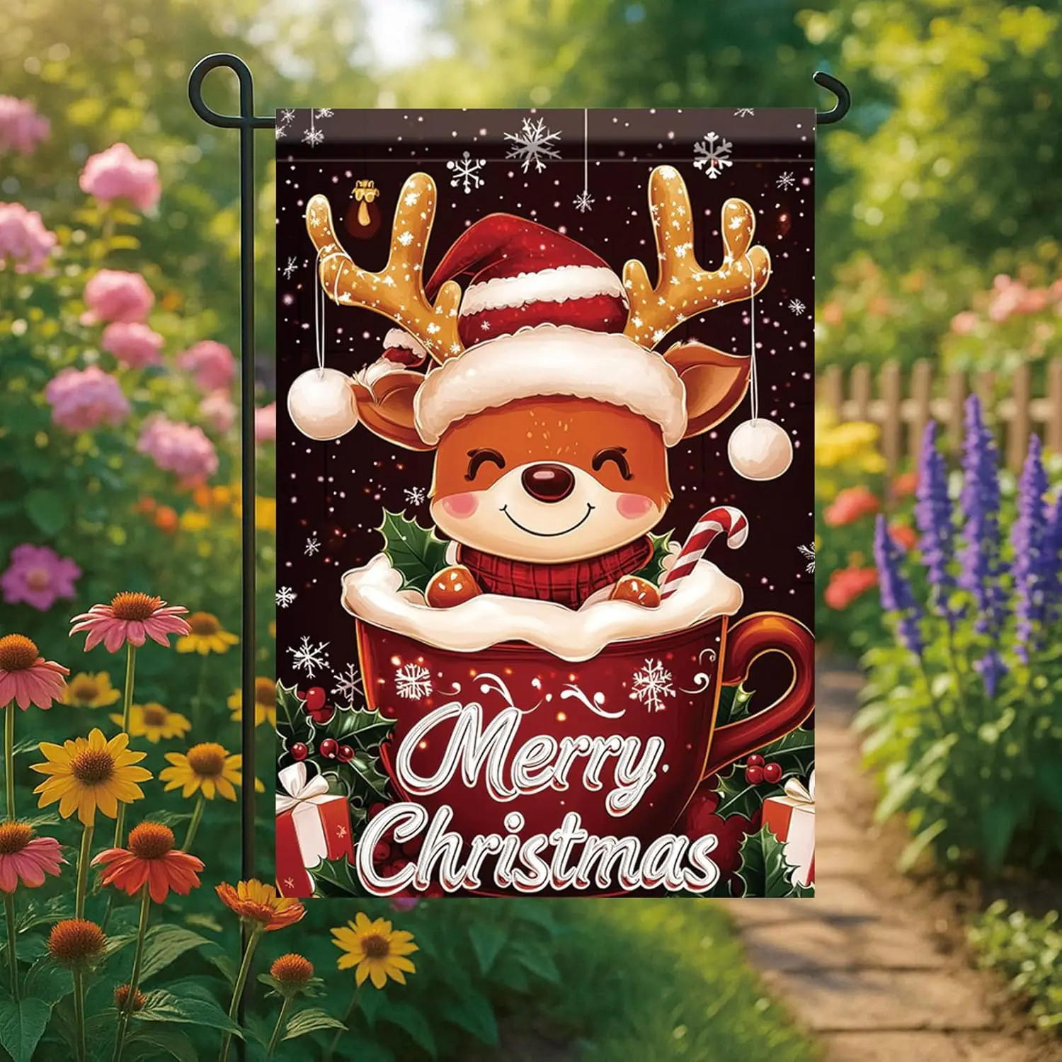 Christmas Garden Flag Cute Reindeer in Mug Merry Christmas 12x18 Inch Double Sided Outdoor Yard Banner for Holiday Winter Ca SSL