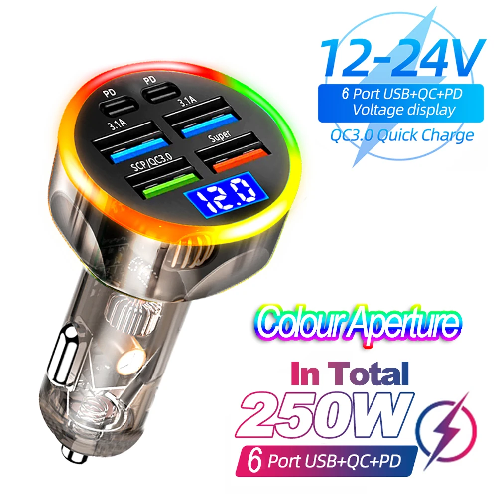 250W Multi Port Car Charger Digital Voltage Display PD QC3.0 Fast Charging Cigarette Lighter Plug Adapter For Samsung S23 Xiaomi