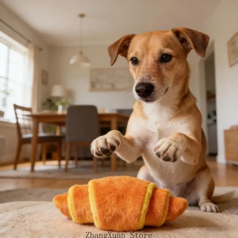 Anti-Langeweile-Plüsch-Quietschspielzeug, Croissant-Form, Plüschhund, Kauspielzeug, Reinigungsspielzeug für Hunde, Welpen – Detail 5