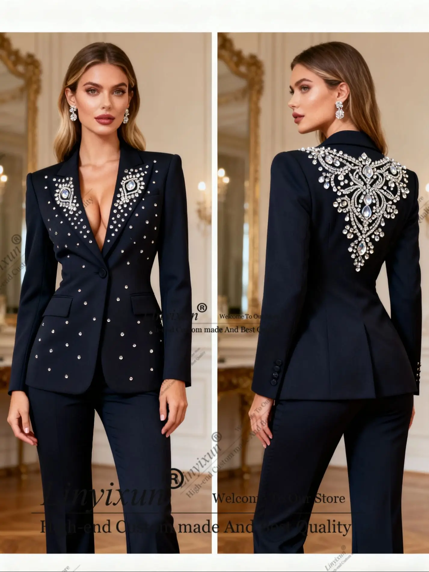 Shiny High End mod Crystal Diamond Customized Women's Suit 2 Pieces пиджак женски Slim Womens Clothing Pan