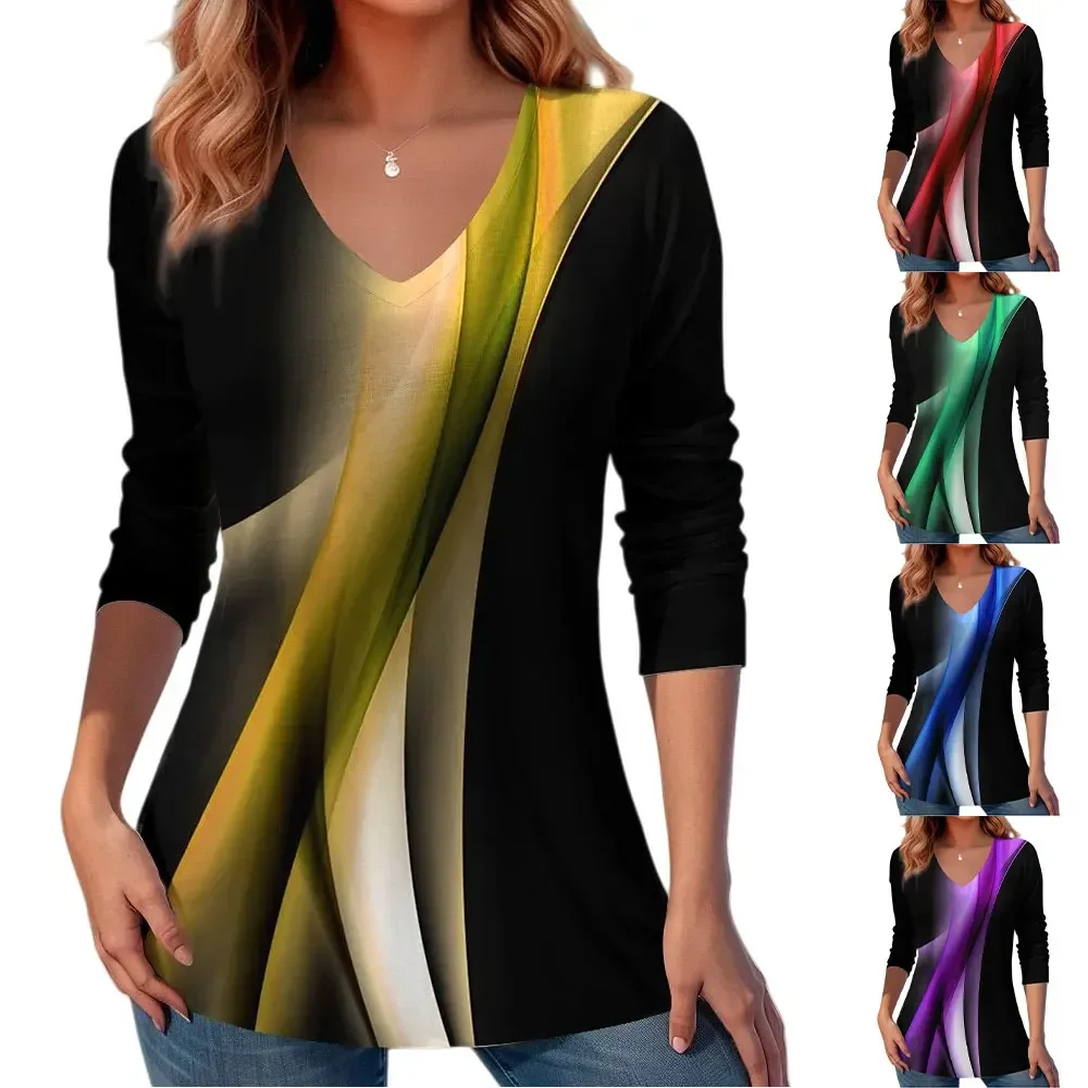 

Autumn Winter Long Sleeves Korean Fashion V-neck T-shirt For Women Floral Print T-shirts Ladies Casual Top Tee Woman Clothes