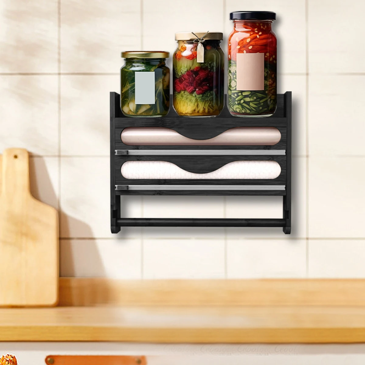 벽걸이형 종이 타월 홀더 및 커터가 포함된 대나무 2칸 보관 상자 - 주방용 호일 및 플라스틱 랩 정리함