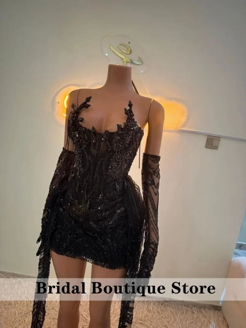 Black Crystal Beaded Homecoming Prom Dress With Veil Cocktail Valentine\'s Day Birthday Dress Luxury 2026 Blackgirl Customized