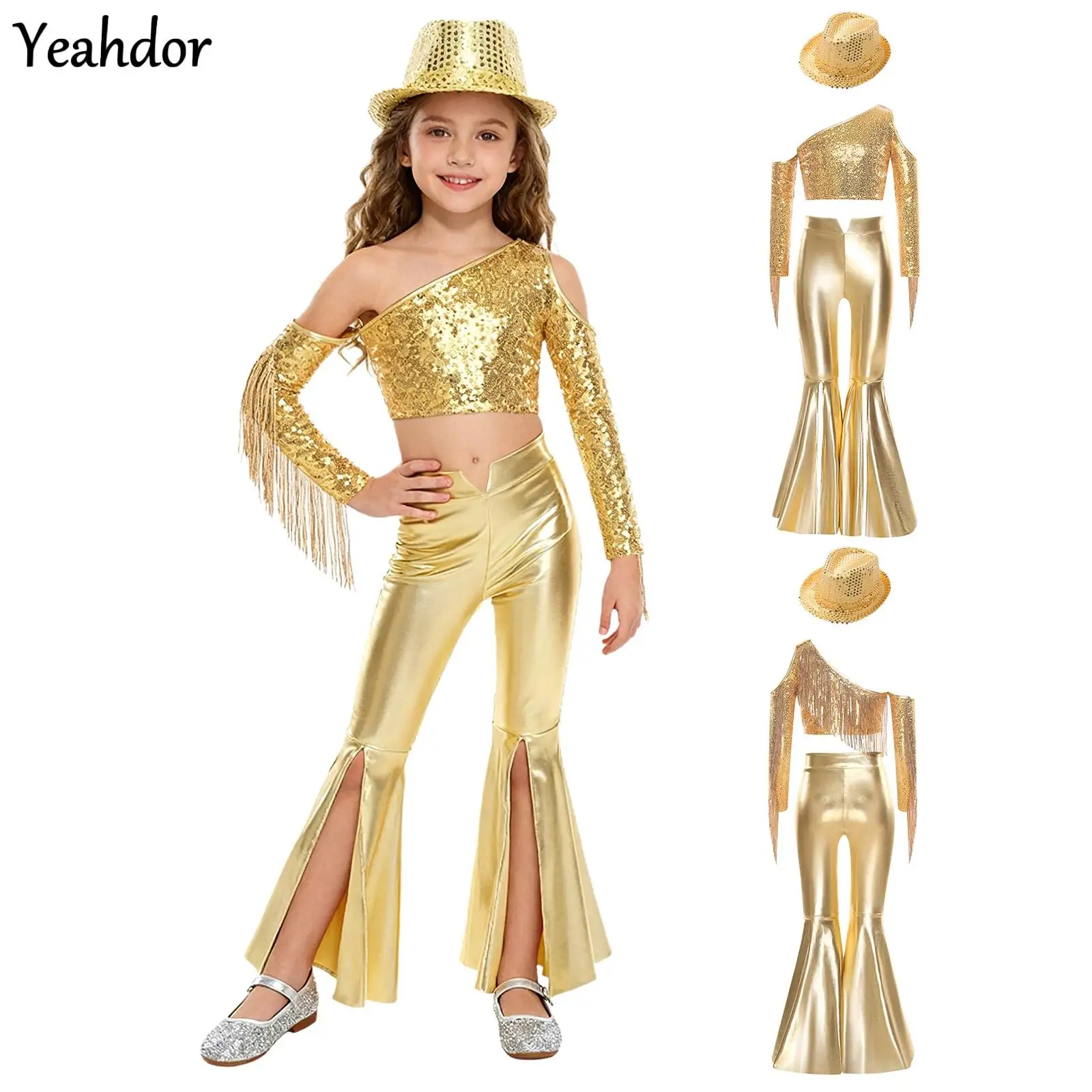 

Girls Metallic 70S Disco Hippie Costume Pageant Set One Shoulder Sequin Crop Top And Split Bell-Bottom Pants Hat Jazz Dance Suit