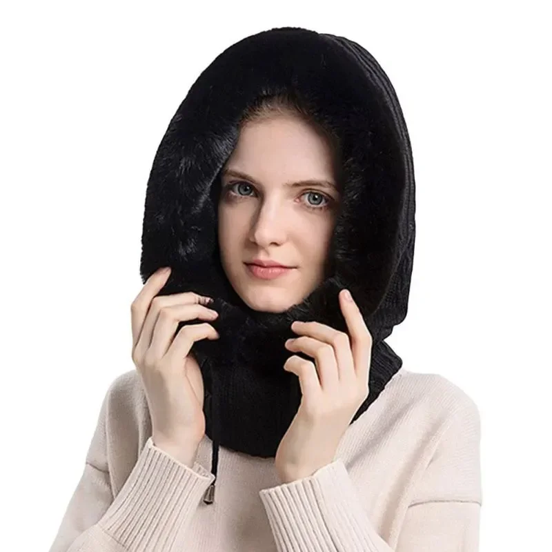 

Winter Women Knitted Hood Ski Hats Faux Fur Scarf Neck Warmer Fleece Lined Face Mask Balaclava for Outdoor Sports