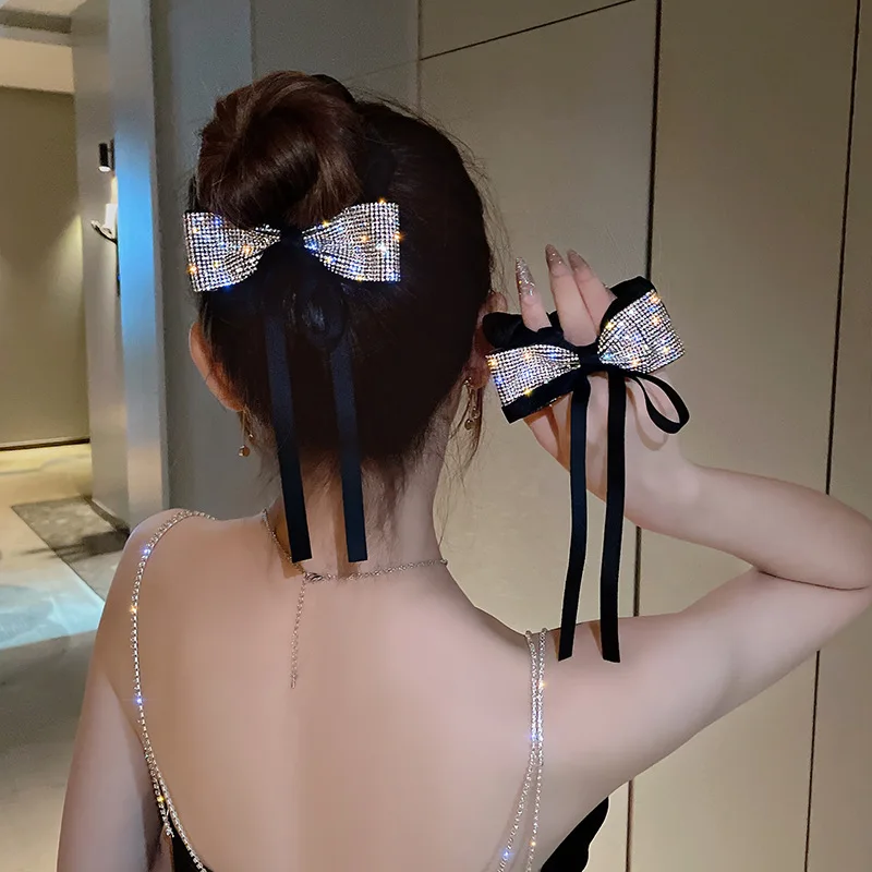 Elegant Bow Ribbon Scrunchies Fashion Ladies Simple Rhinestone Bow Wrap Hair Rope Design Korean Ponytail Girl Hair Accessories