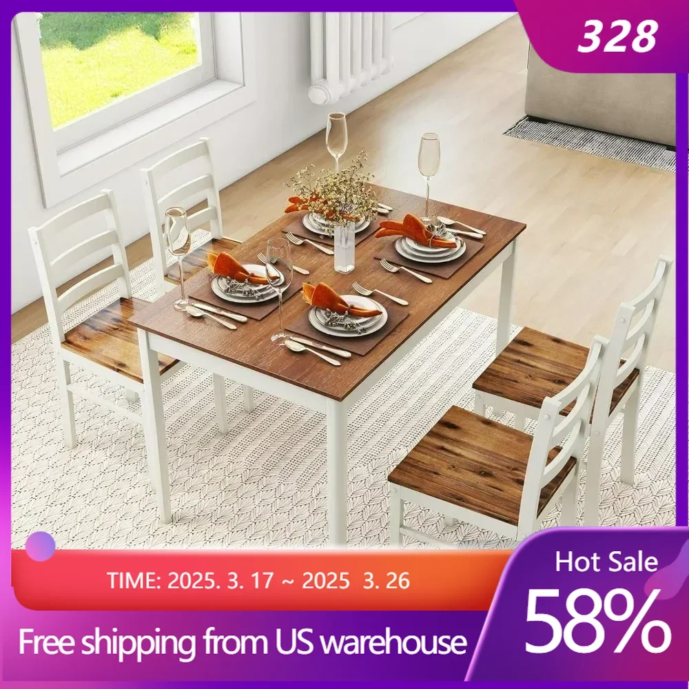 Dining Table Set for 4, w/Rubber Wood Legs, Modern Kitchen Table and Chair Set for Kitchen,Solid Wood, Farmhouse Dinette Set