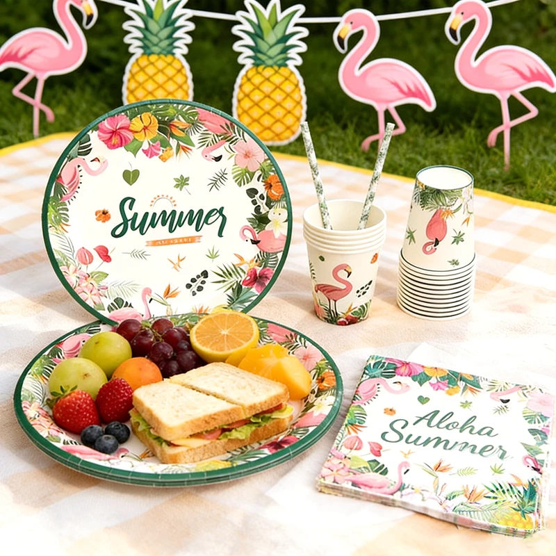Einweg-Pappteller und -Becher Flamingo-Themenparty Hawaii Sommer Tropische Sommerparty Flamingo Aloha Hochzeit Geburtstagsparty Zubehör