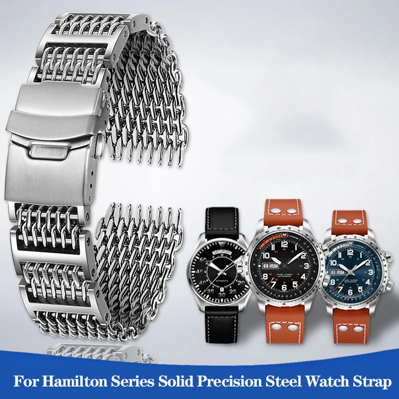 For Casio Hamilton Karki Aviation Field Series Metal Stainless Steel Cool Shark Net Bracelet Watch Strap Watchband 20mm 22mm