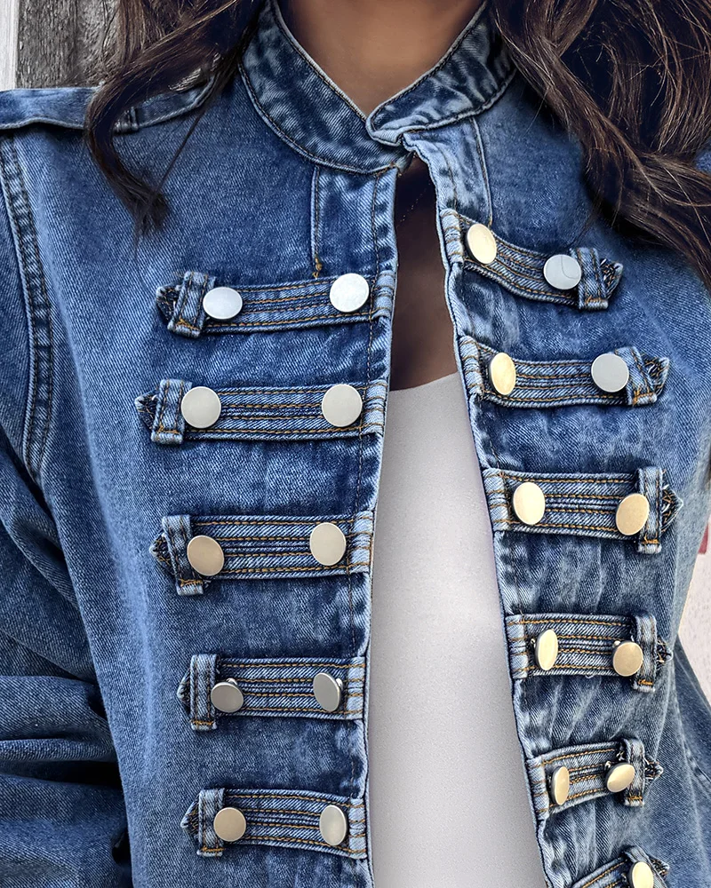 Women's standing collar long sleeved buttoned front jacket, casual denim jacket, spring 2025 new item