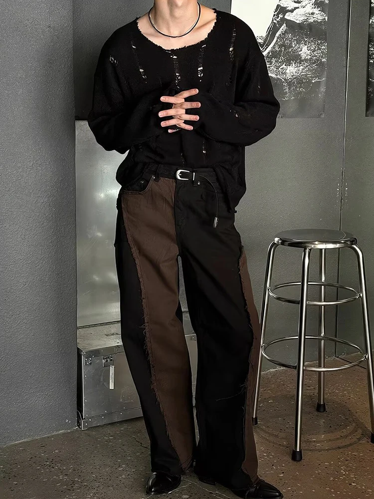 2025 가을 트렌디 남성 니트 티셔츠 빈티지 솔리드 컬러 찢어진 디자인 니트 티셔츠 남성 야외 캐주얼 긴팔 상의