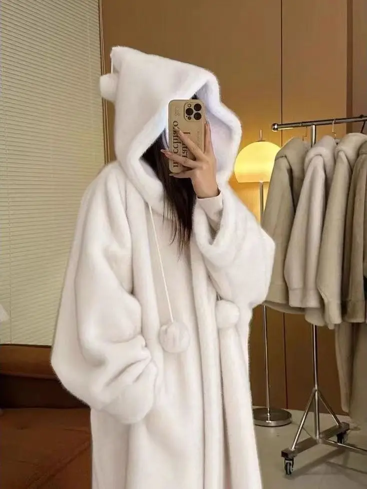 

2025 Winter Thiened Fce Lined Hooded Fur Jaet Women's Eco-friendly Leather Fur Inteated Top Long Outerwear Coat