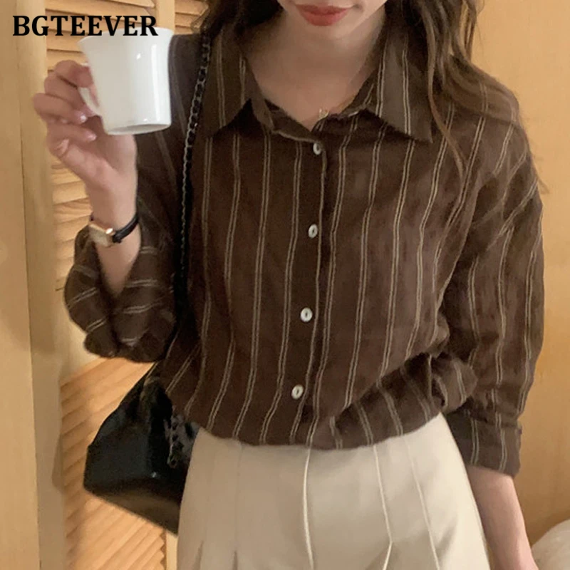 BGTEEVER Casual Loose Turn-down Colla Ladies Striped Shirts Tops Summer Fashion Long Sleeve Female Single-breasted Blouses