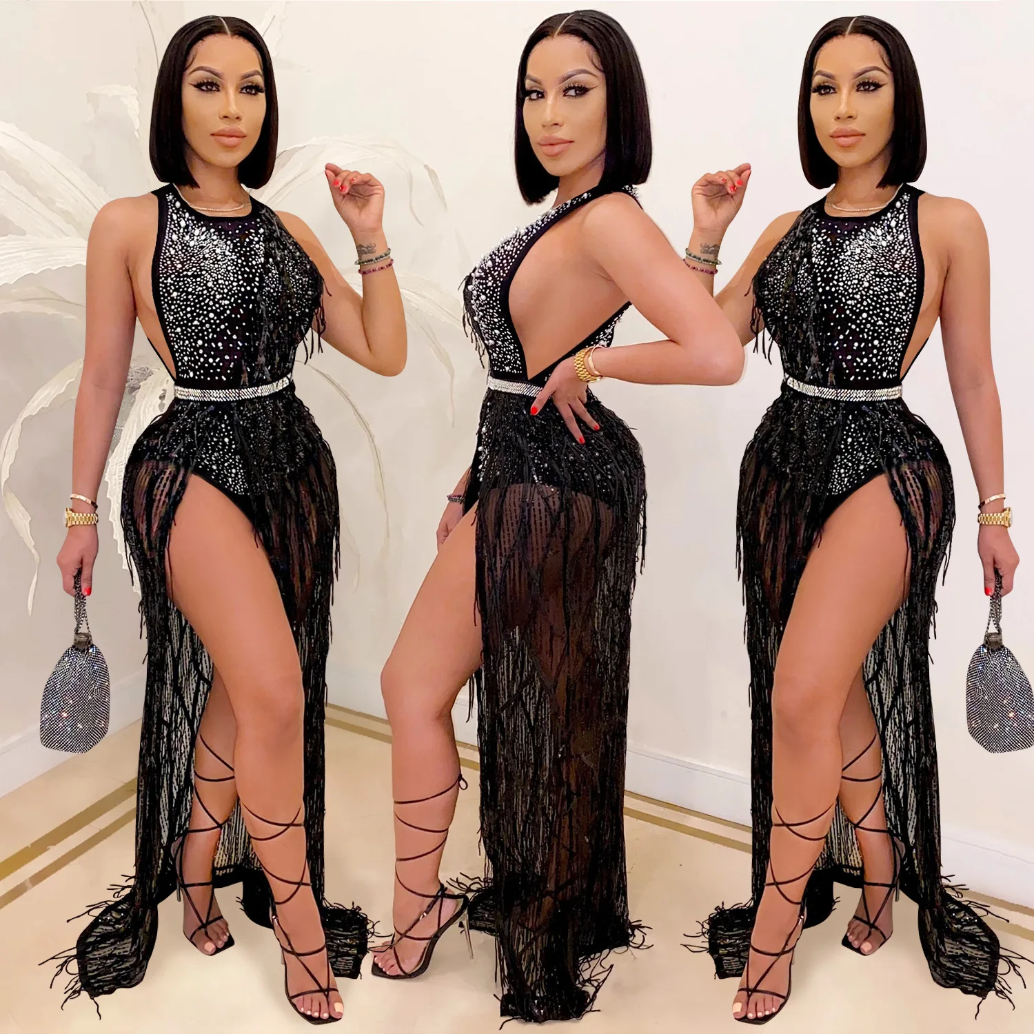 

Nightclub hot diamond bead mesh sexy fringed dress two-piece set femininity elegant high-end new women's clothing