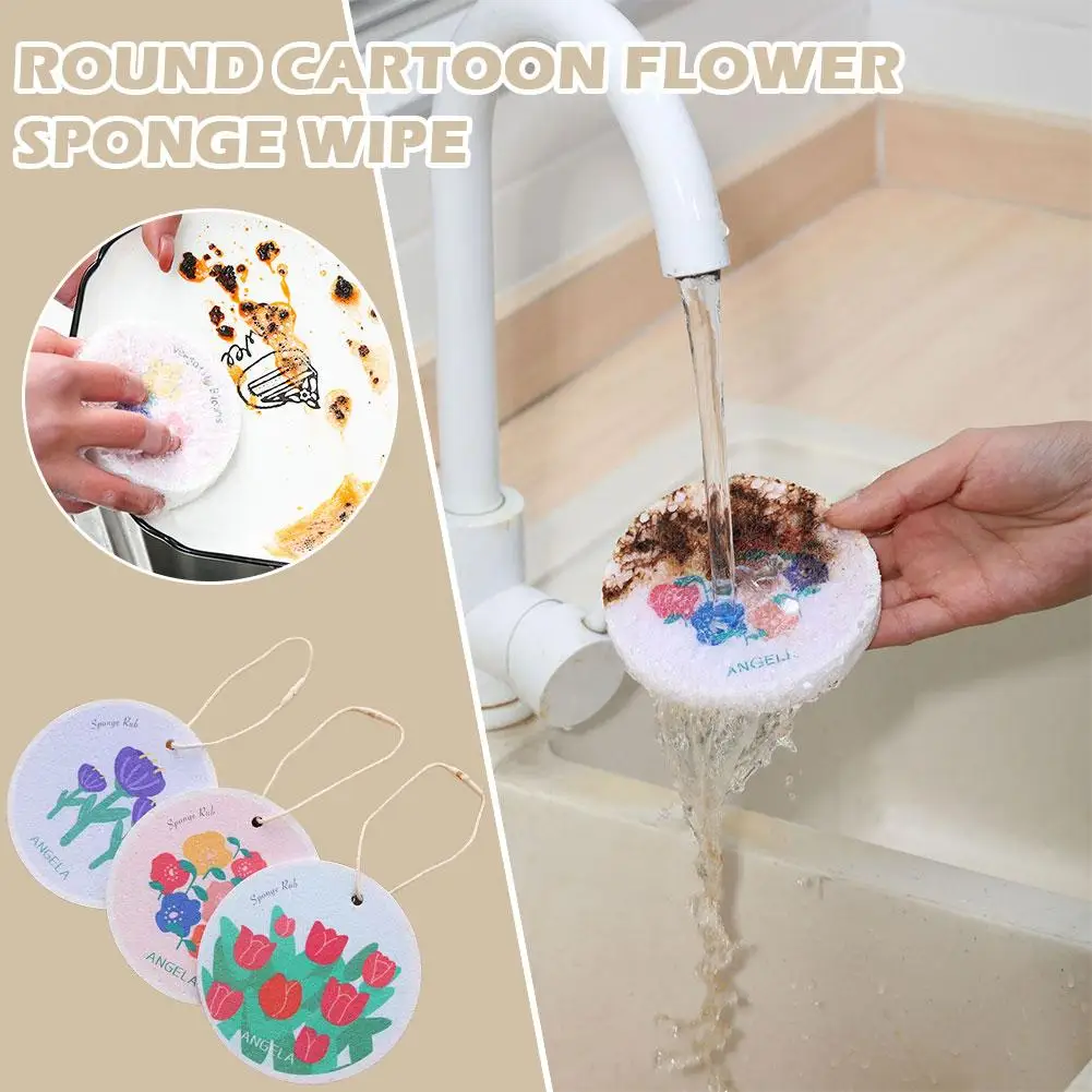 

3pcs Magic Cleaning Sponge Cartoon Flowers Compressed Wood Tools Dishwashing Pulp Scouring Kitchen Non-stick Oil Pads Rag B5F5