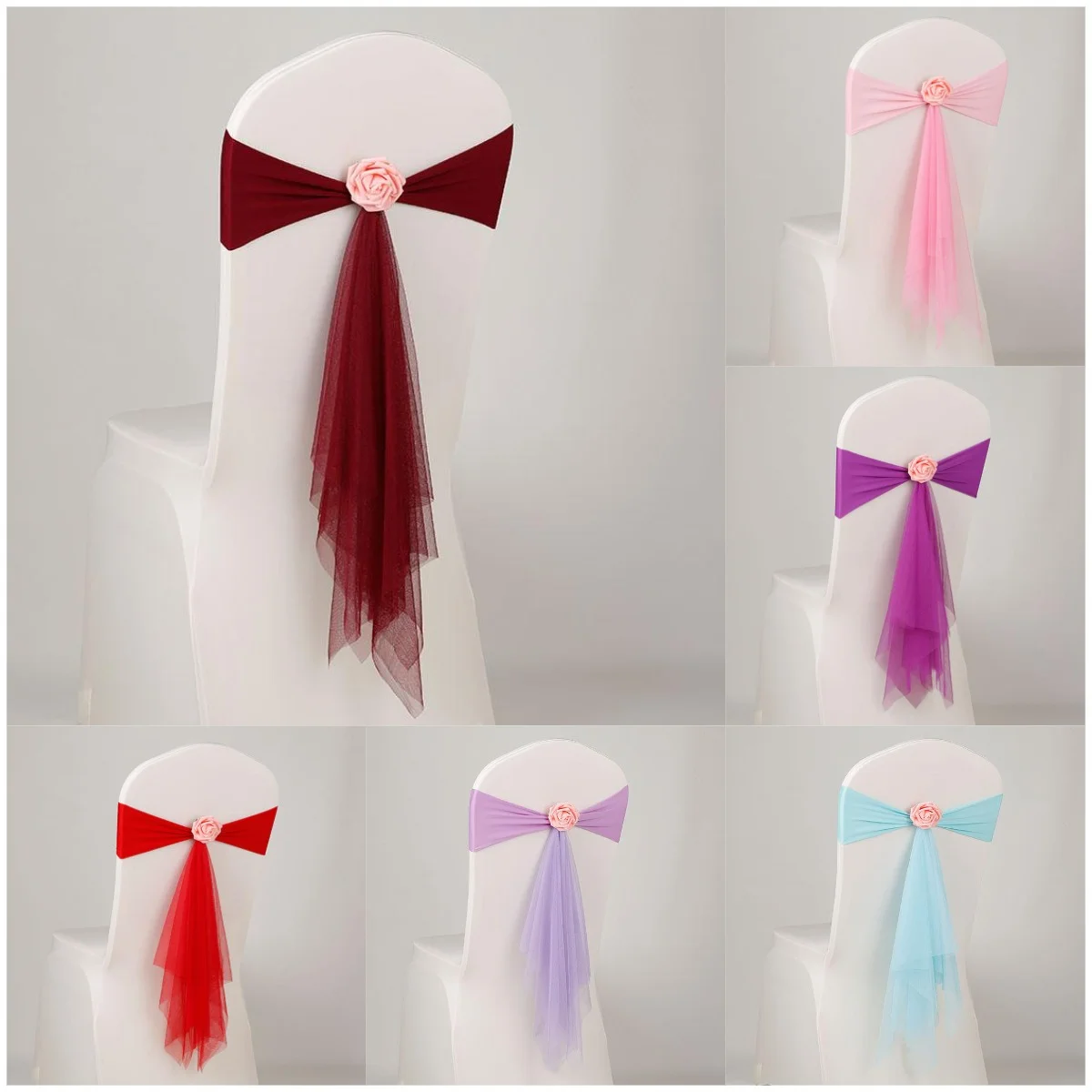 

Black Colour Chair Sash with Stretch Spandex Band Bow Tie Knot and Flower for Wedding Event Decoration Birthday Party Holiday