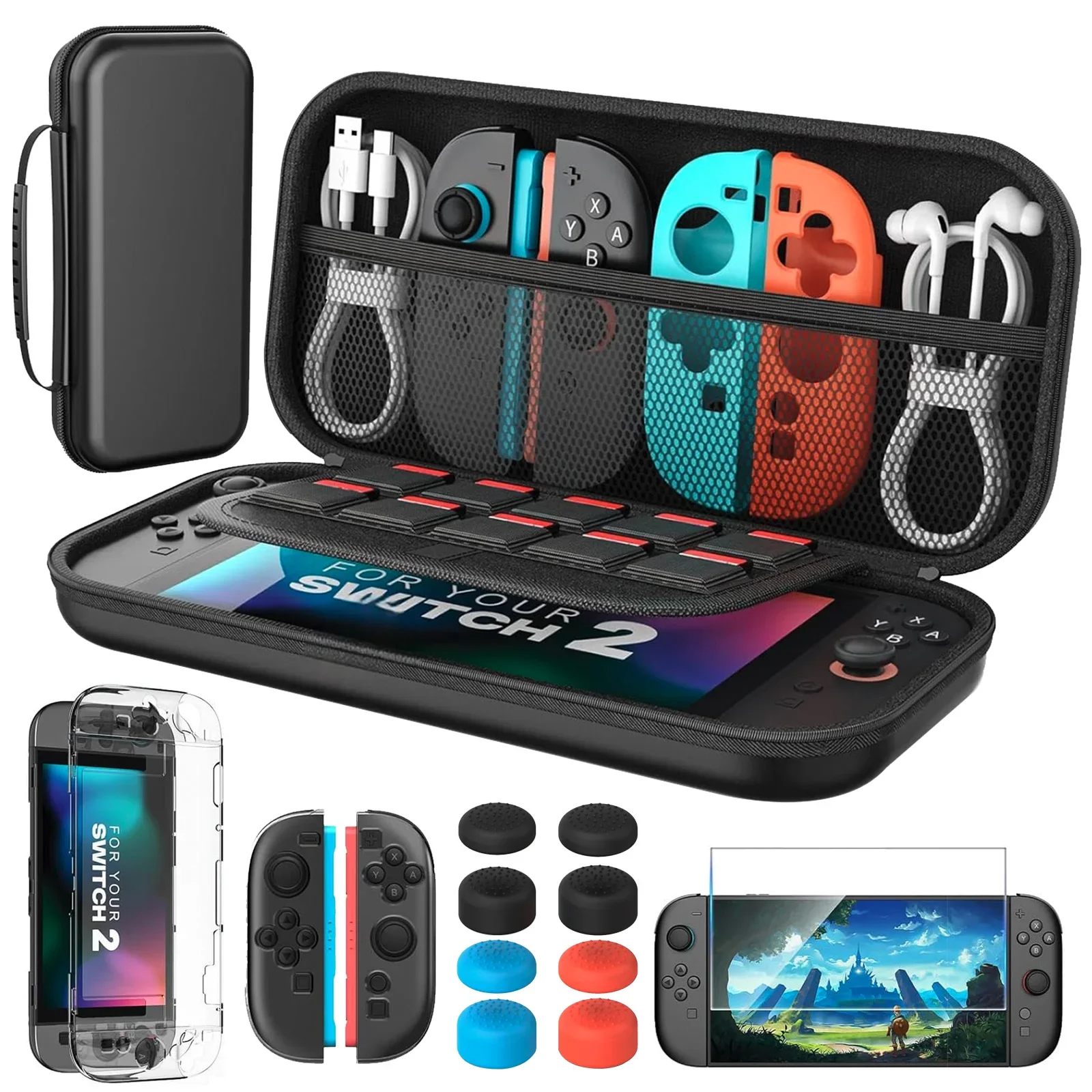 

Accessories Kit for Nintendo Switch 2 (2025) Carrying Case Bag,Screen Protector,Thumb Grips,Protective Cover for Switch2 Bundle