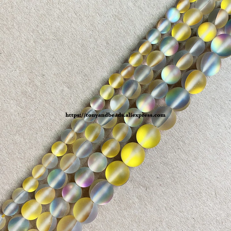 Matte K9 Bicolor Yellow Rainbow Austria Crystal Synthetic Moonstone Round Loose Beads 15