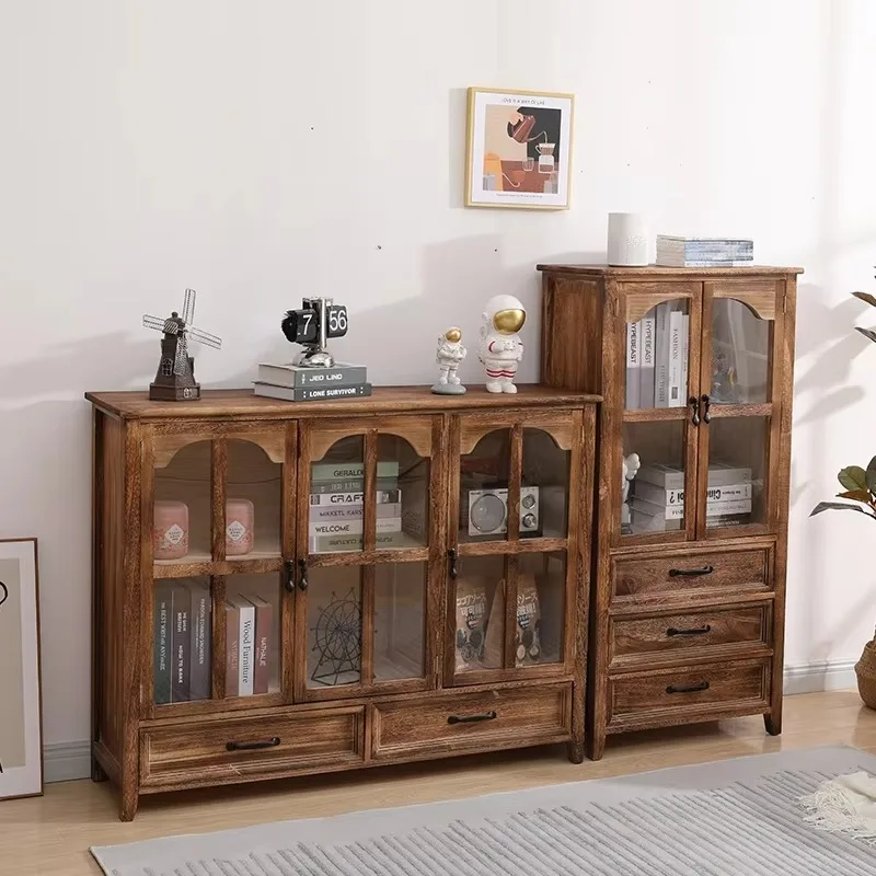 Vintage American & European Style Solid Wood Sideboard Whole Wine & Storage Cabinet for Living Room Display & Entrance
