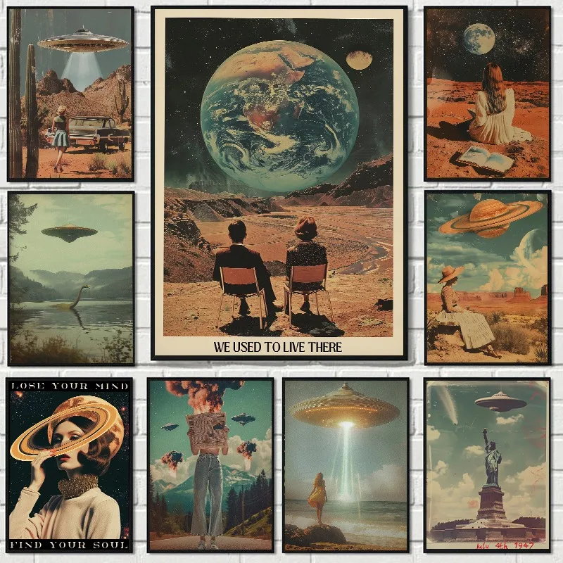 Surreales Kosmos-Weltraum-UFO-Science-Fiction-Poster, Vintage-Astronauten-Alien-Wüsten-Leinwandgemälde, Trendige Wandkunst für Wohnzimmer und Heimdekoration