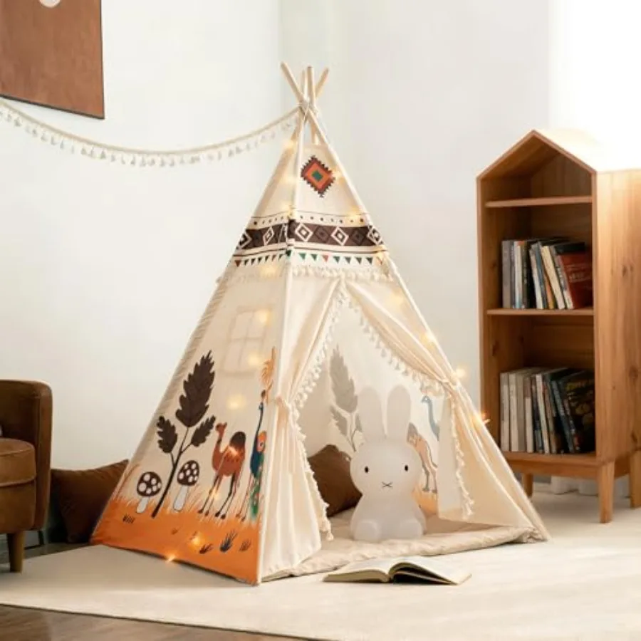 

Indoor Play Tent for with Padded Mat Star Lights Desert Camel Color Soft Fabric Safe and Fun for Girls Boys