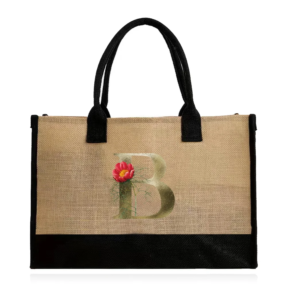Jute Beach Bag Ladies Handbag Women Holiday Shopping Bags Casual Fashion Grocery Storage Bag Original Golden Flower Printing