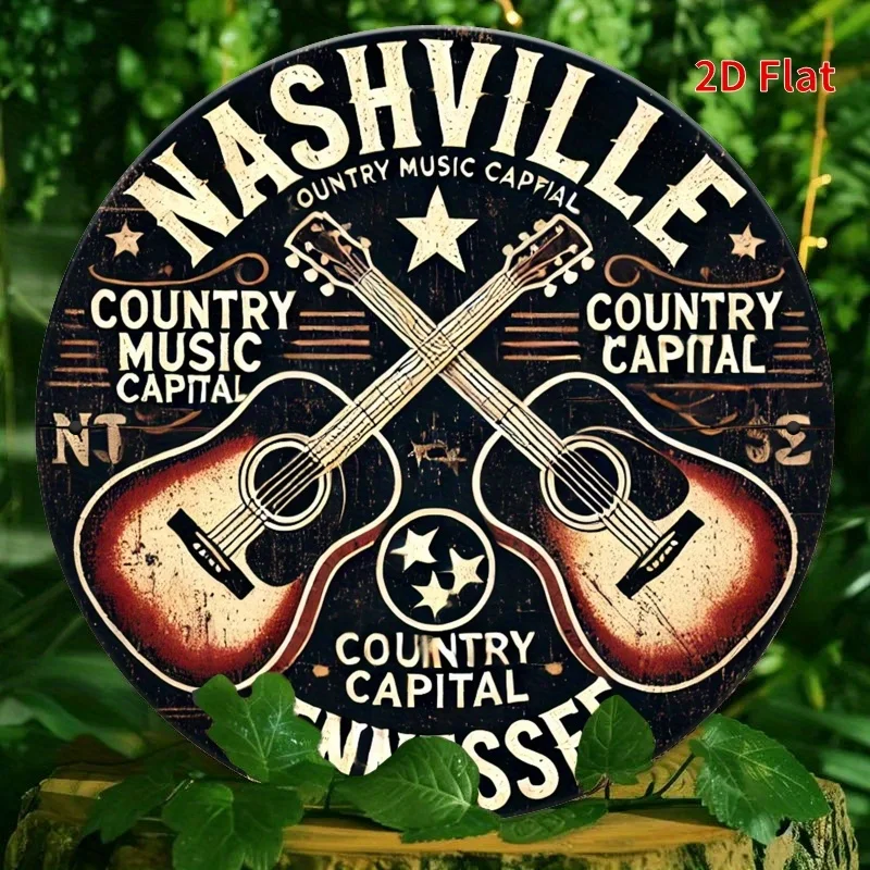 2D Flat, Vintage Nashville Guitar Metal Sign - 7.8x7.8inch Rustic Country Music Wall Art with Crossed Guitars & Stars, Black