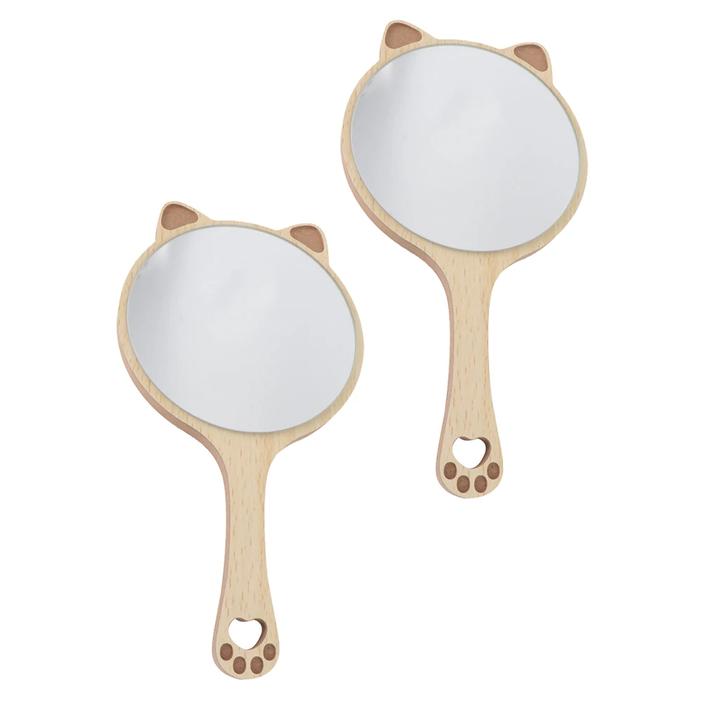 

2pcs Handheld Dressing Mirror High Quality Wooden Handle Travel Makeup Glass Vanity Cat Ears Shaped Mirrors Portable Cosmetics