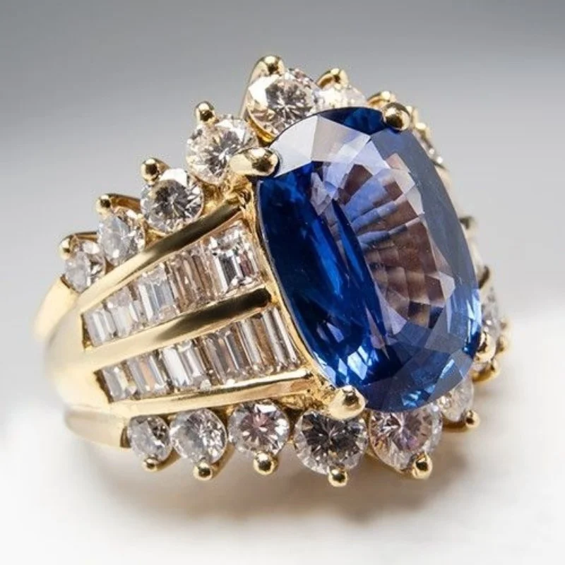 Wunderschöner eingelegter weiß-blauer CZ-Damenring, trendige geometrische Form in Goldfarbe, für den täglichen Gebrauch, Partyschmuck, Jubiläumsgeschenk