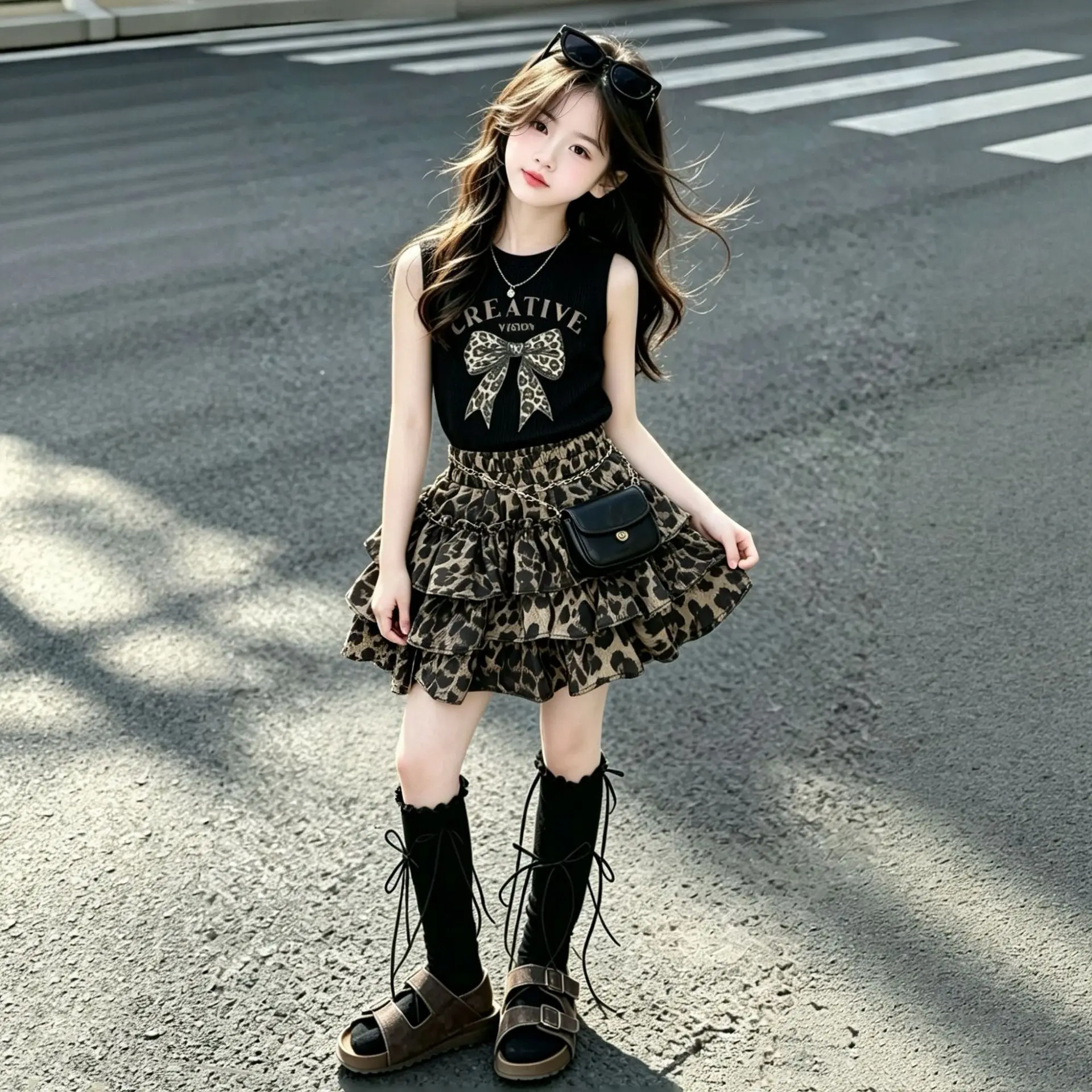 Summer Girls Set 2026 Sweet Girls Korean Medium Large Bow Knot Sleeveless Top Leopard Skirt Two Piece Set