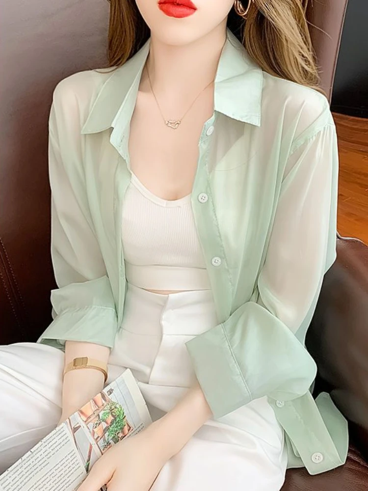 Women\'s Shirt And Blouse Full Long Sleeve Summer Transparent See-through Button Up Loose Female Tops Aesthetic Hot Promotion S