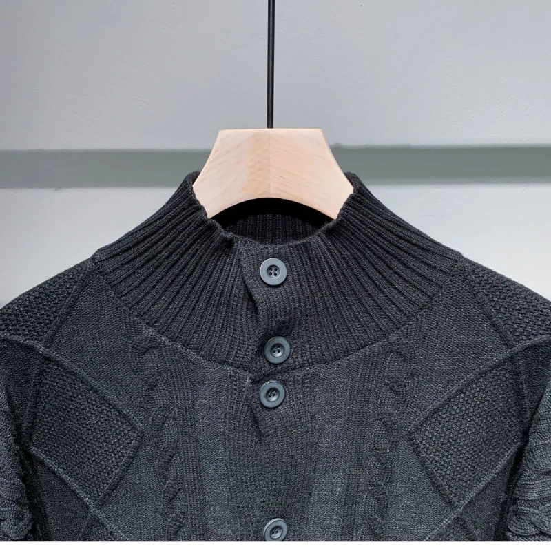 Business Casual Men's 2024 Spring Autumn New Splicing Stand Collar Button Fashion Solid Color All-match Loose Long Sleeve Top