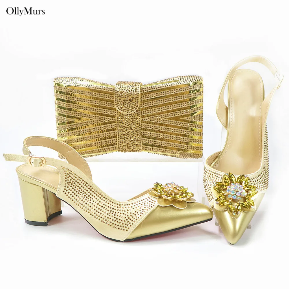 High Quality Nigerian Gold Color Wedding Shoes And Bag Set Italian Design Rhinestone Women Pumps Shoes And Bag Set For Party