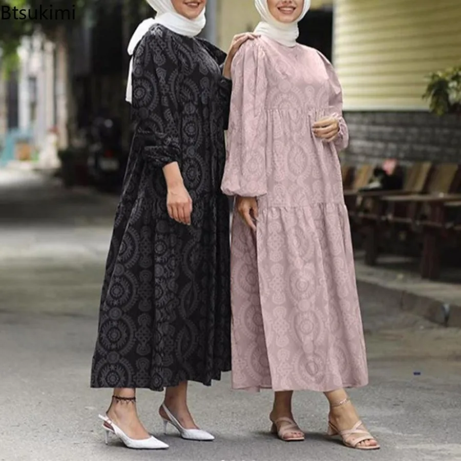 

Muslim Fashion Abayas for Women Temperament Elegant O-neck Long-sleeved Printed Dresses Arab Saudi Kaftan Modest Robes Vestidos