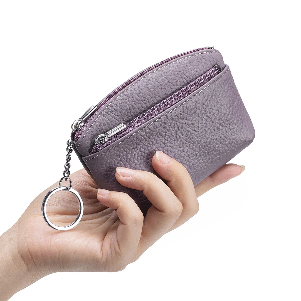 Soft Full Grain Cowhide Zipper Change Wallet, Portable Mini Leather Coin Pouch with Keychain for Women Daily Travel Essentials