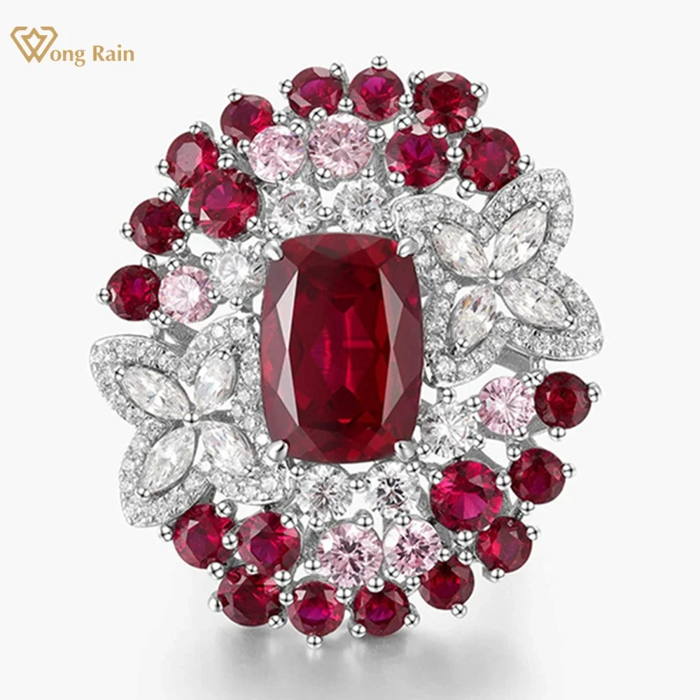 Wong Rain Vintage 100% 925 Sterling Silver Ruby High Carbon Diamonds Gemstone Engagement Ring for Women Cocktail Party Jewelry