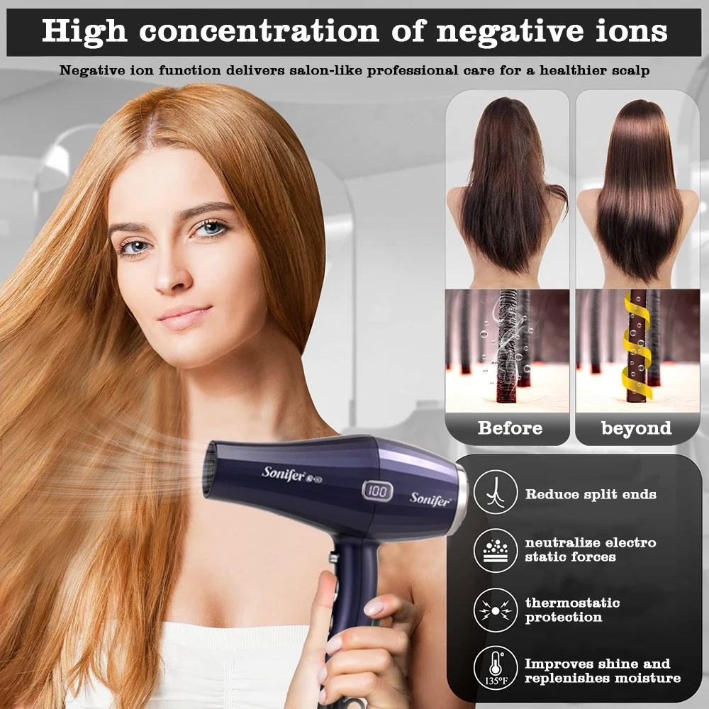 Hair Dryer Sonifer SF-9634 2000W AC Motor LED Display Hot Cold Air Overheat Protection Fast Drying Blow Dryer for Home Salon