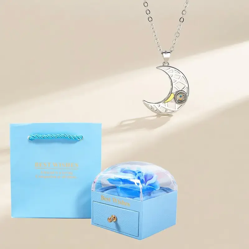 Customized Color Photo Projection Moon And Sun Necklaces With Rose Flower Gift Box Romantic Jewelry Family Birthday Wedding