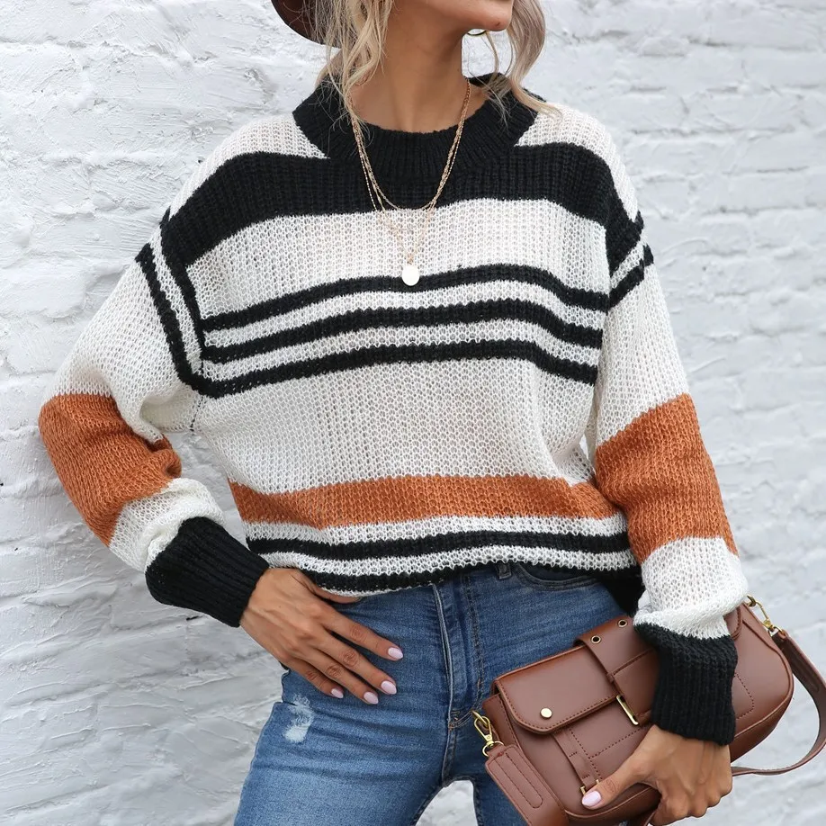 Pullover Striped Sweater Autumn and Winter Bottoming Shirt Striped Intercolor Knitted Street Style Crew Neck Sweater