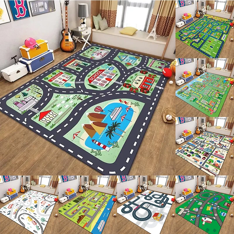 Flannel Carpet Living Room Children\'s Bedroom Decoration Floor Rug Cartoon Road Play Mat Soft Tatami Carpets Non-slip