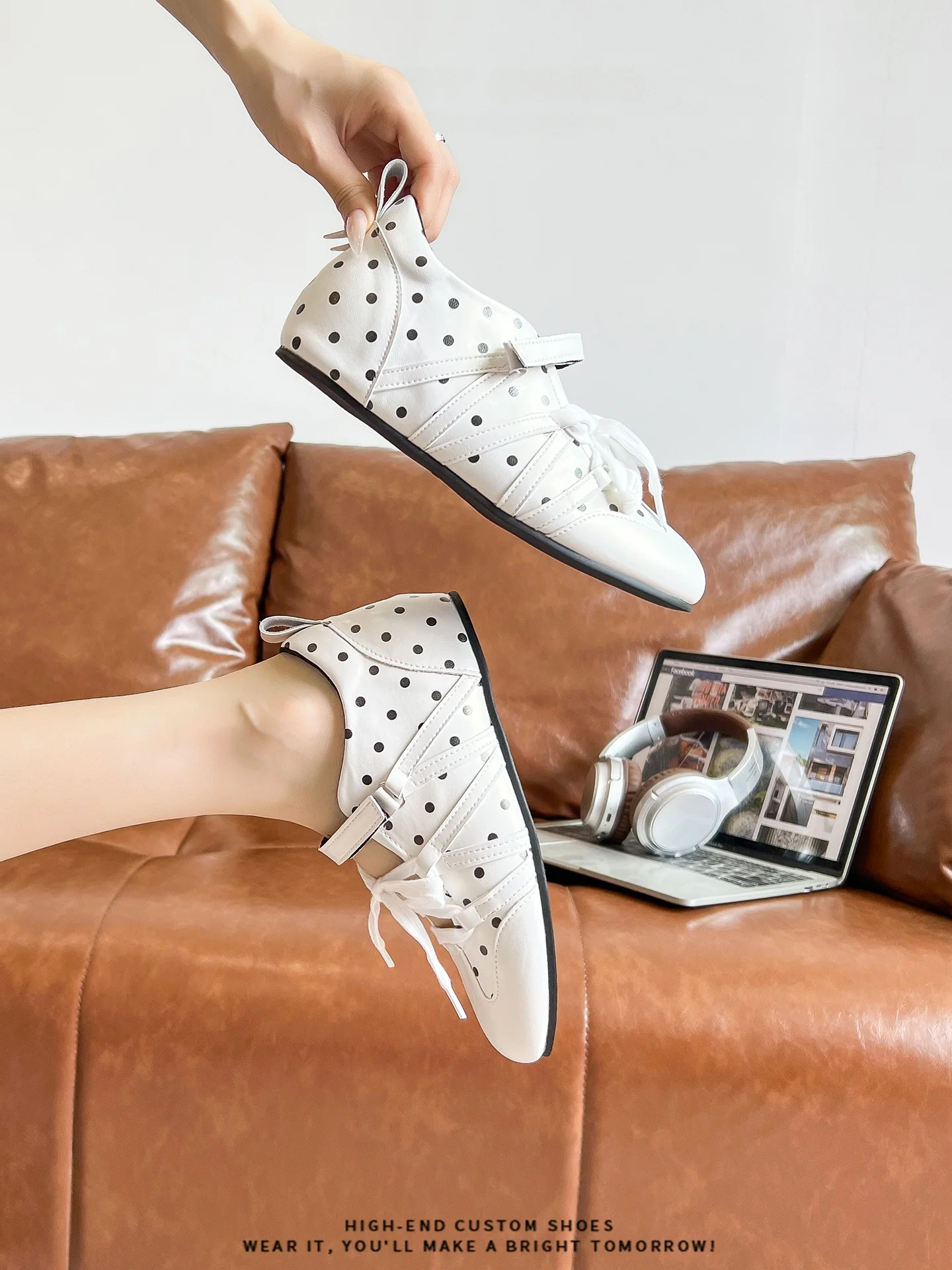 leather-version-4cm-heightening-polka-dot-ballet-mary-jane-women's-shoes-versatile-magic-tape-low-cut-sports-dequn-shoes